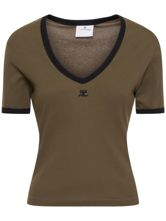 Courreges: T-shirt in cotone scollo V  profilo a contrasto - Verde - women_0 | Luisa Via Roma
