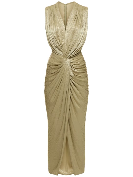 Costarellos: Franca lurex georgette twist midi dress - Olive Gold - women_0 | Luisa Via Roma
