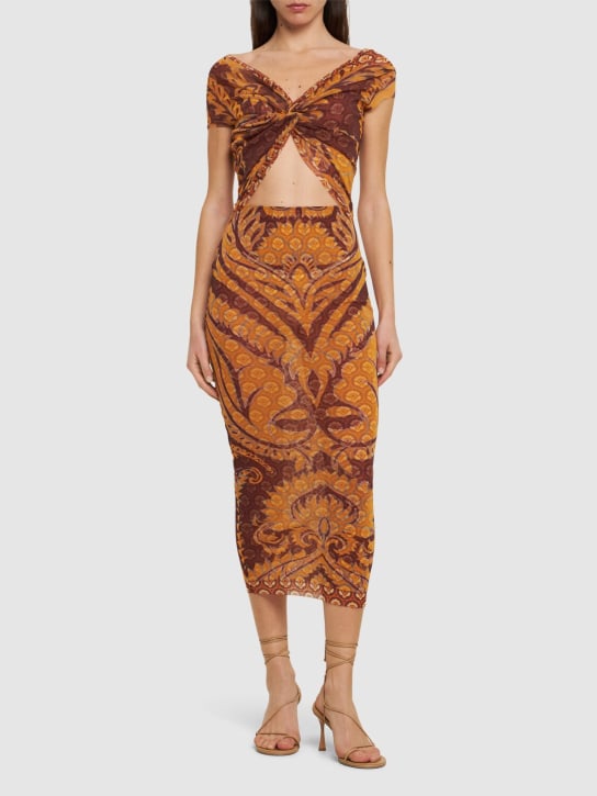 Etro: Printed mesh dress - Brown/Multi - women_1 | Luisa Via Roma