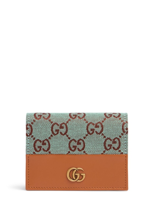 Gucci: Porta carte di credito in tela GG e pelle - Azure/Brown - women_0 | Luisa Via Roma