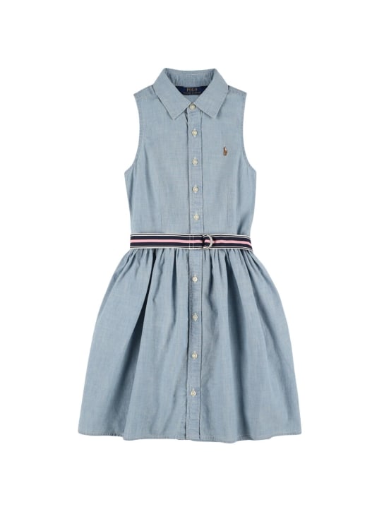 Ralph Lauren: Vestido de algodón cambray con cinturón - Azul Claro - kids-girls_0 | Luisa Via Roma