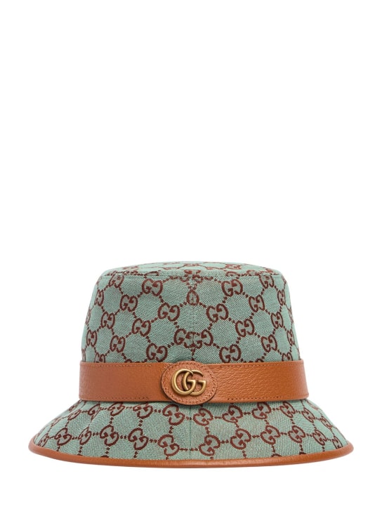 Gucci: Cappello bucket in tela di misto cotone logo GG - Azure/Brown - women_0 | Luisa Via Roma