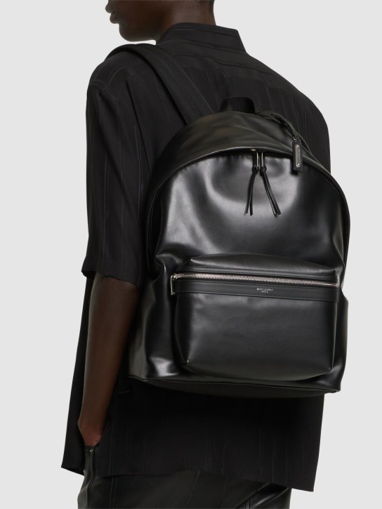 Saint Laurent: Logo leather city backpack - Black - men_1 | Luisa Via Roma