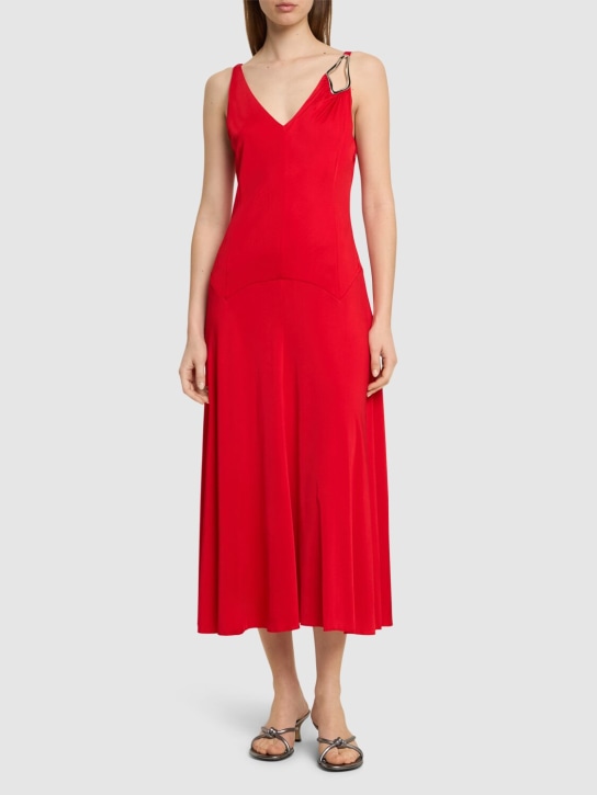 Lanvin: Vestido midi de satén con decoraciones - Rojo - women_1 | Luisa Via Roma
