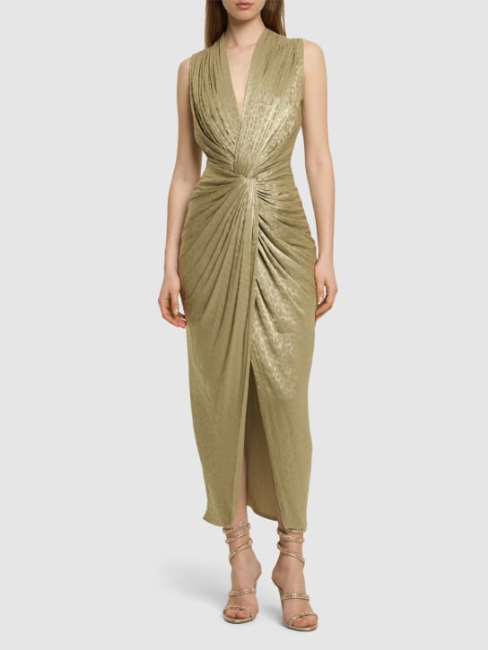 Costarellos: Franca lurex georgette twist midi dress - Olive Gold - women_1 | Luisa Via Roma