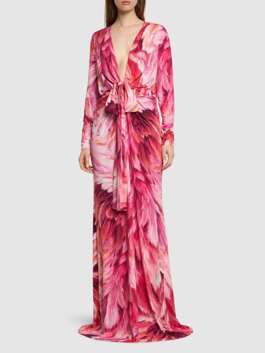 Roberto Cavalli: 印花莱卡打结长款连衣裙 - 粉色 - women_1 | Luisa Via Roma