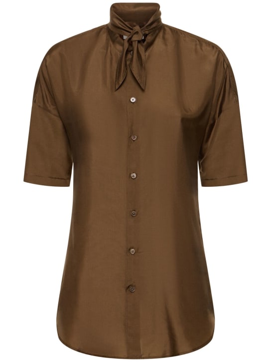 Lemaire: Short sleeve fitted silk shirt w/ scarf - Brown - women_0 | Luisa Via Roma