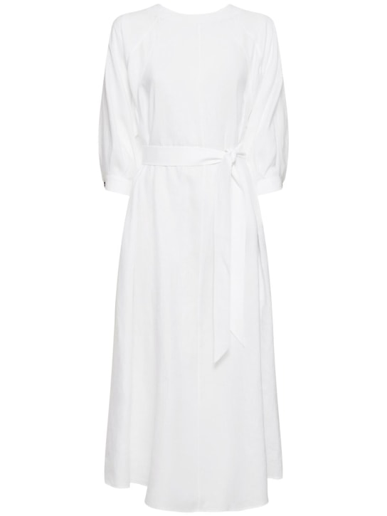 Loro Piana: Mina Solaire 3/4 sleeve linen midi dress - Off White - women_0 | Luisa Via Roma