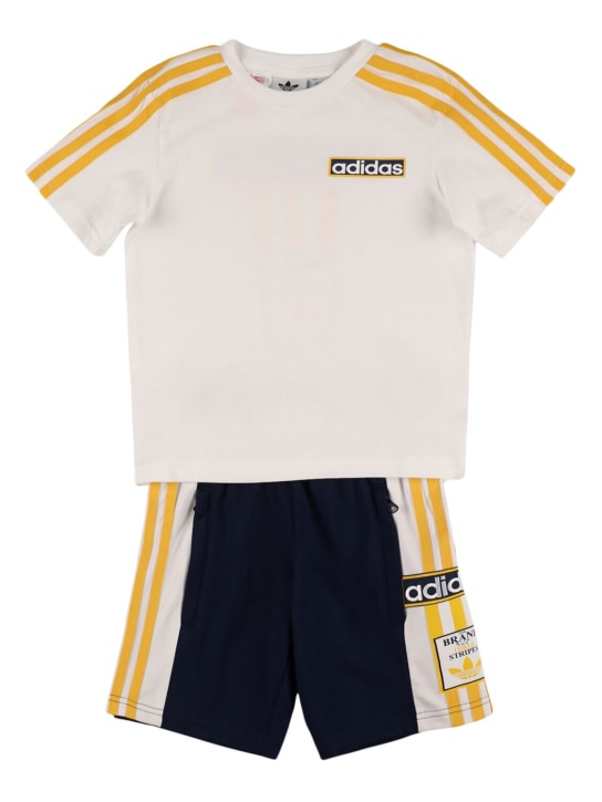 adidas Originals: T-shirt & short en coton à 3 bandes - Blanc/Bleu - kids-boys_0 | Luisa Via Roma