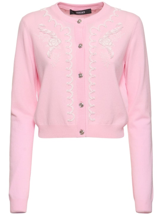 Versace: Knit embroidered cardigan - Pink - women_0 | Luisa Via Roma