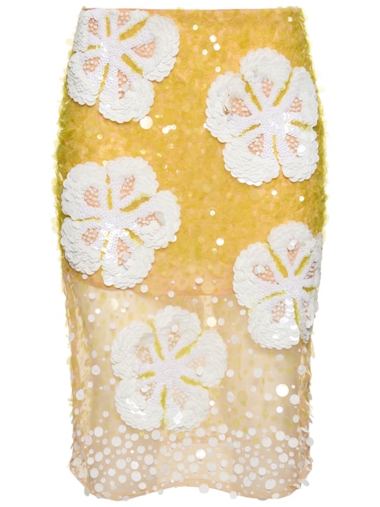 Des Phemmes: Hibiscus embroidered tulle midi skirt - Lime/White - women_0 | Luisa Via Roma