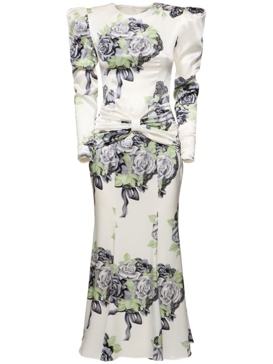 Alessandra Rich: Rose print silk satin dress w/ bow - 블랙/화이트 - women_0 | Luisa Via Roma