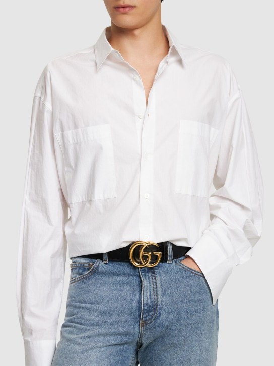 Gucci: 40mm Shiny GG buckle leather belt - Black - men_1 | Luisa Via Roma