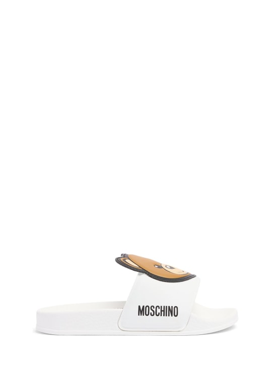 Moschino: 로고 프린트 러버 패치 슬라이드 샌들 - 화이트 - kids-boys_0 | Luisa Via Roma