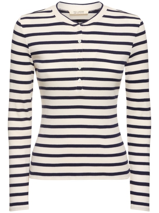 Nili Lotan: T-shirt in jersey di cotone Jordan Henley - Avorio/Blu Navy - women_0 | Luisa Via Roma