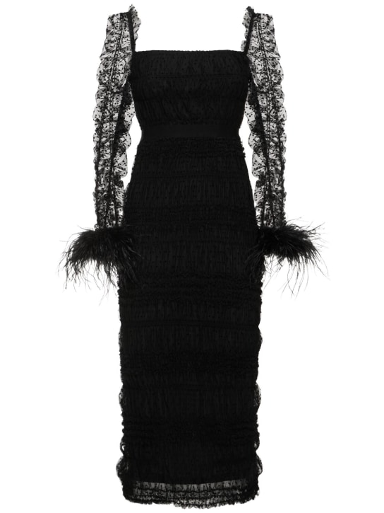 Self-portrait: Swiss dot tulle midi dress w/ feathers - Black - women_0 | Luisa Via Roma