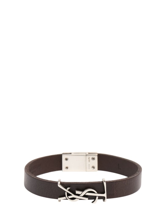 Saint Laurent: YSL single wrap leather bracelet - Dark Brown - men_0 | Luisa Via Roma