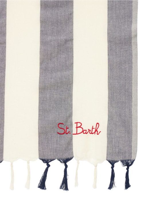 Mc2 Saint Barth: Logo条纹棉质毛巾 - 白色/蓝色 - kids-girls_1 | Luisa Via Roma
