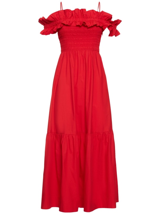 GANNI: Smocked cotton poplin long dress - Red - women_0 | Luisa Via Roma