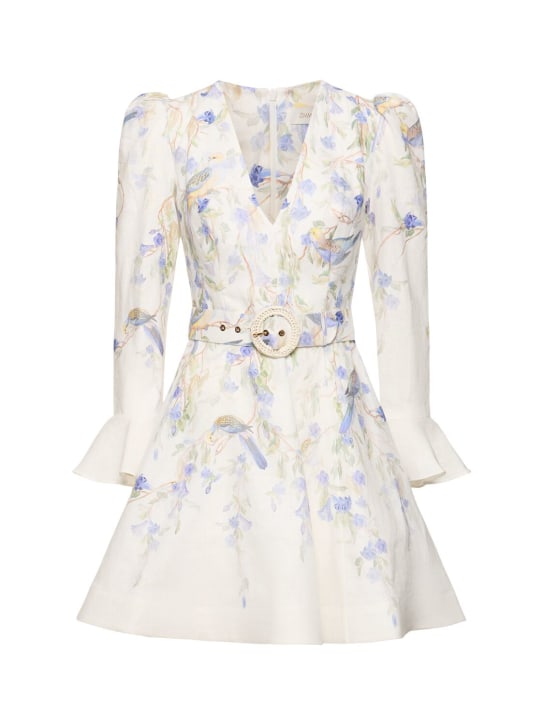 Zimmermann: Natura flowers belted linen mini dress - White/Blue - women_0 | Luisa Via Roma