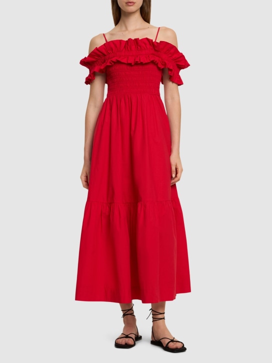 GANNI: Smocked cotton poplin long dress - Red - women_1 | Luisa Via Roma