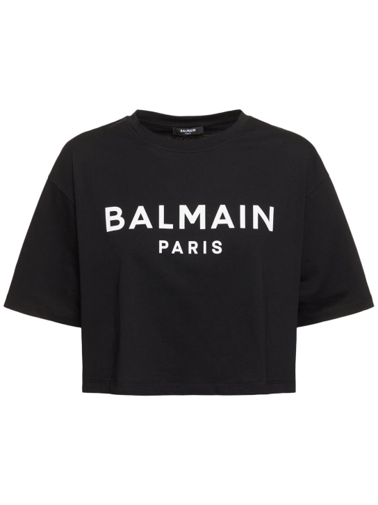 Balmain: Logo print cropped cotton jersey t-shirt - Black/White - women_0 | Luisa Via Roma