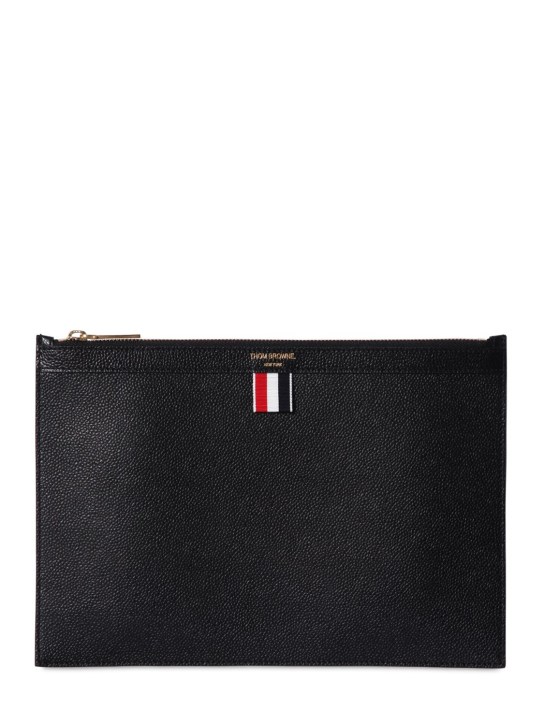 Thom Browne: Medium pebbled leather zip pouch - Black - men_0 | Luisa Via Roma
