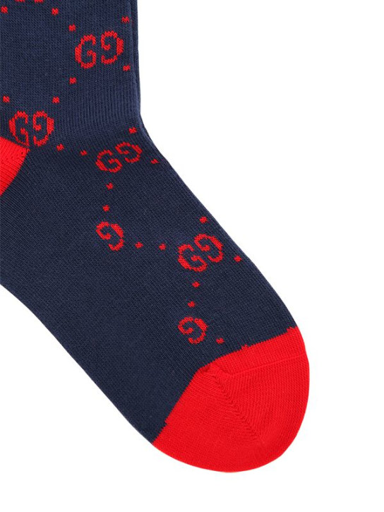 Gucci: Logo intarsia cotton blend knit socks - Navy/Red - kids-girls_1 | Luisa Via Roma
