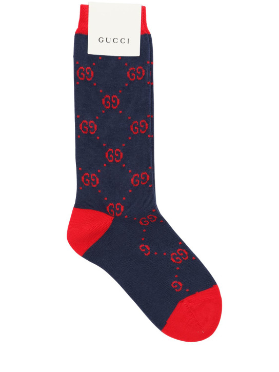 Gucci: Logo intarsia cotton blend knit socks - Navy/Red - kids-boys_0 | Luisa Via Roma