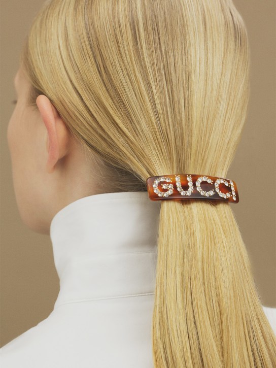 Gucci: Barrette à cheveux en cristaux à logo - Brown/Crystal - women_1 | Luisa Via Roma