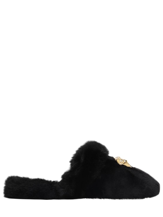 Versace: Medusa faux fur slippers - Black - ecraft_0 | Luisa Via Roma