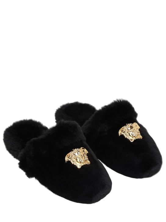 Versace: Medusa faux fur slippers - Black - men_1 | Luisa Via Roma