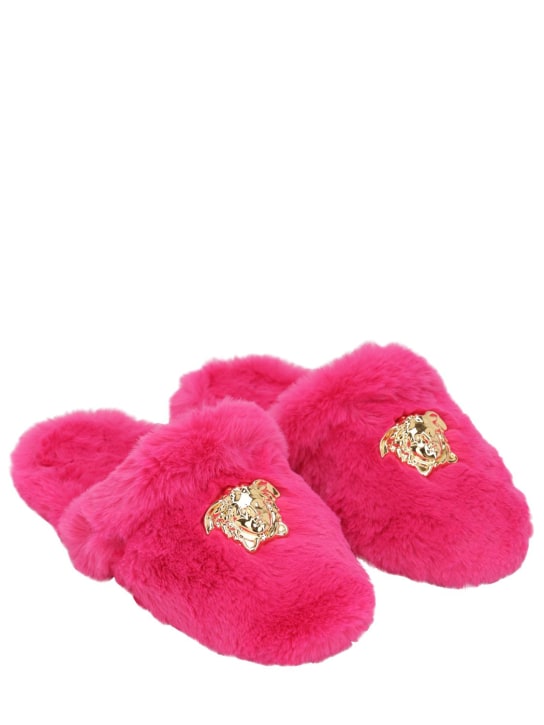 Versace: Medusa faux fur slippers - Fuchsia/Gold - ecraft_0 | Luisa Via Roma