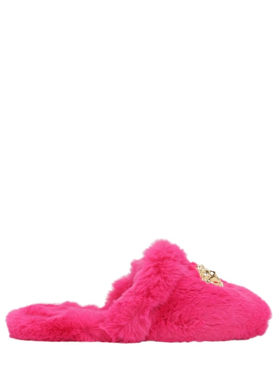 Versace: Medusa faux fur slippers - Fuchsia/Gold - ecraft_1 | Luisa Via Roma