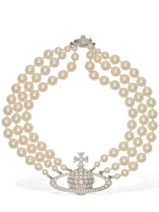Vivienne Westwood: Choker à trois rangées en fausses perles - Cream/Silver - women_0 | Luisa Via Roma