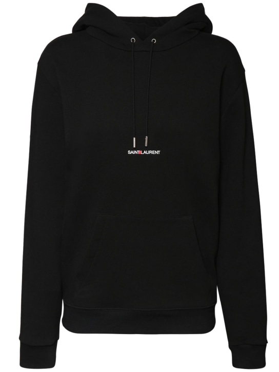 Saint Laurent: Logo embroidery cotton jersey hoodie - Black - women_0 | Luisa Via Roma