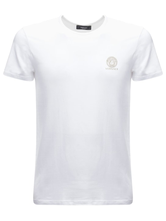 Versace Underwear: T-shirt in cotone stretch con logo - Bianco - men_0 | Luisa Via Roma