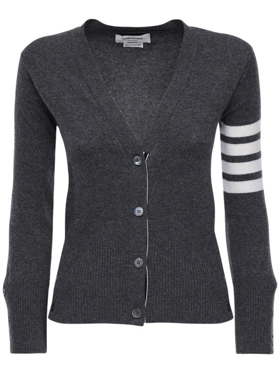 Thom Browne: Intarsia stripes cashmere knit cardigan - Dark Grey - women_0 | Luisa Via Roma