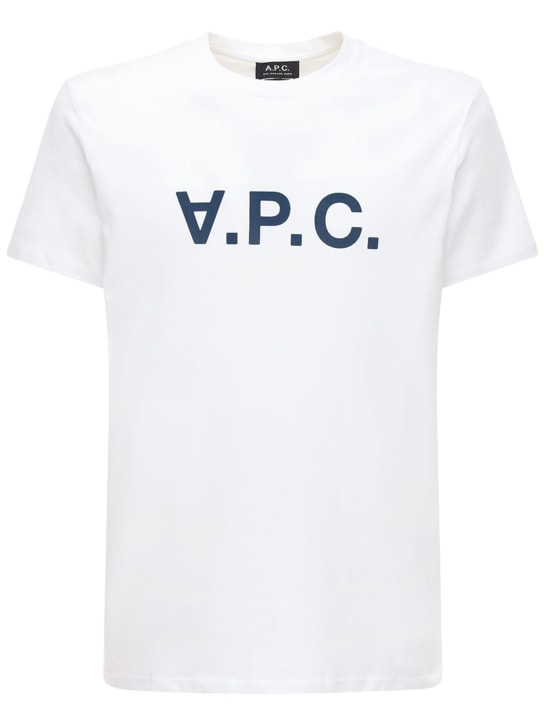 A.P.C.: Flocked logo organic cotton t-shirt - White/Navy - men_0 | Luisa Via Roma