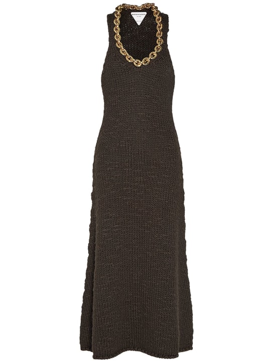 Bottega Veneta: Wool knit sleeveless midi dress w/chain - Dark Brown - women_0 | Luisa Via Roma