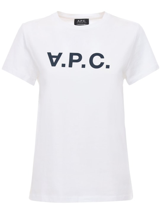 A.P.C.: T-shirt in jersey di cotone con logo stampato - Bianco/Navy - women_0 | Luisa Via Roma