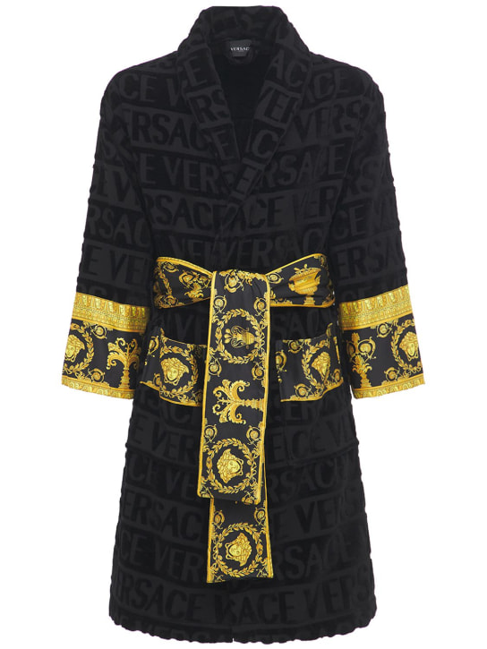 Versace: Accappatoio Barocco & Robe in cotone - Nero/Oro - women_0 | Luisa Via Roma
