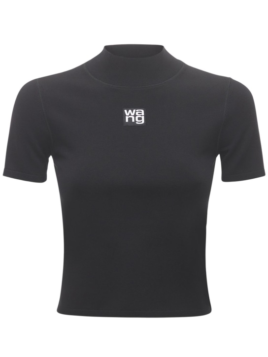 Alexander Wang: T-shirt in jersey stretch con logo - Nero - women_0 | Luisa Via Roma