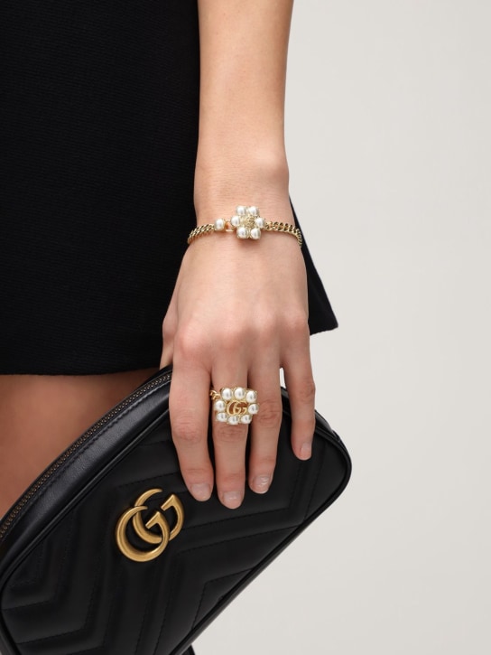 Gucci: GG Marmont & faux pearl chain bracelet - Gold/White - women_1 | Luisa Via Roma