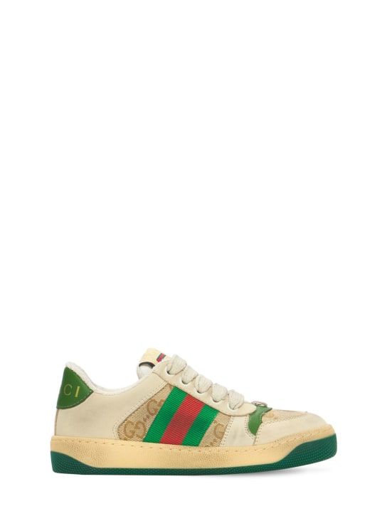 Gucci: Sneakers in tela GG con dettaglio Web - Beige/Verde - kids-boys_0 | Luisa Via Roma