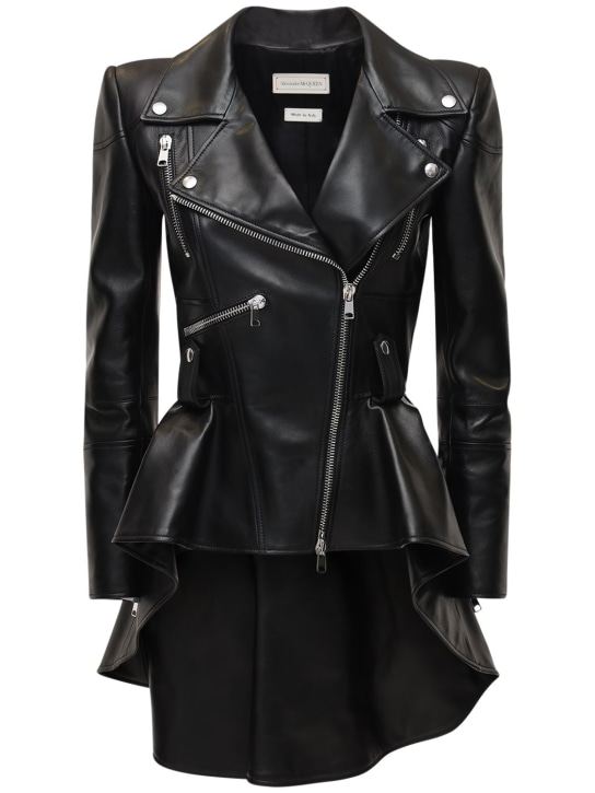 Alexander McQueen: Leather biker jacket w/ peplum - Black - women_0 | Luisa Via Roma