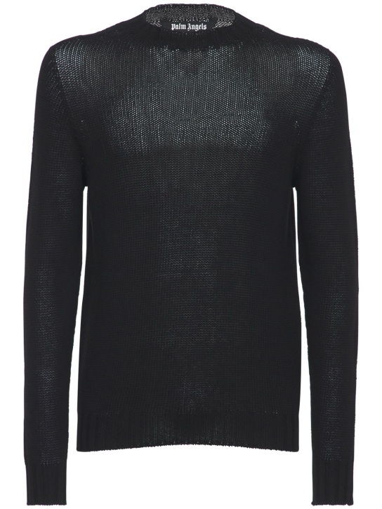 Palm Angels: Curved logo wool blend knit sweater - Black/White - men_0 | Luisa Via Roma