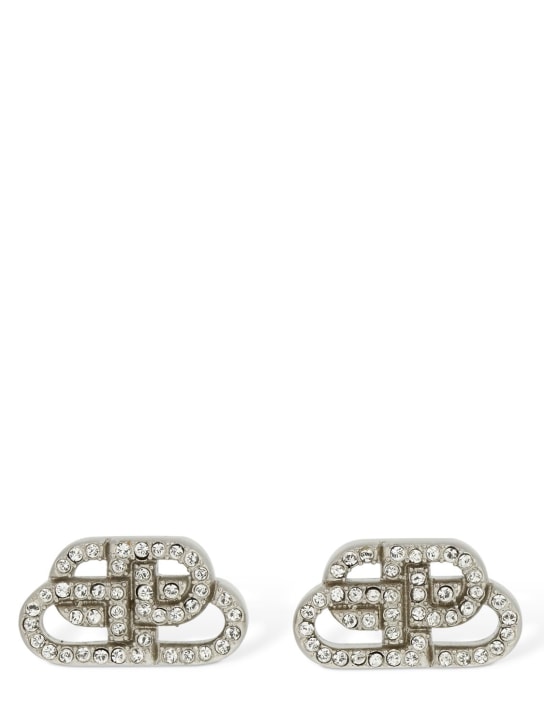 Balenciaga: BB XS Mini logo stud crystal earrings - Silver - women_0 | Luisa Via Roma