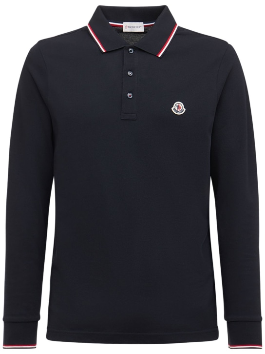 Moncler: Long sleeves cotton piquet polo shirt - Navy - men_0 | Luisa Via Roma