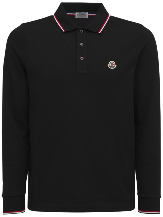 Moncler: Long sleeves cotton piquet polo shirt - Black - men_0 | Luisa Via Roma